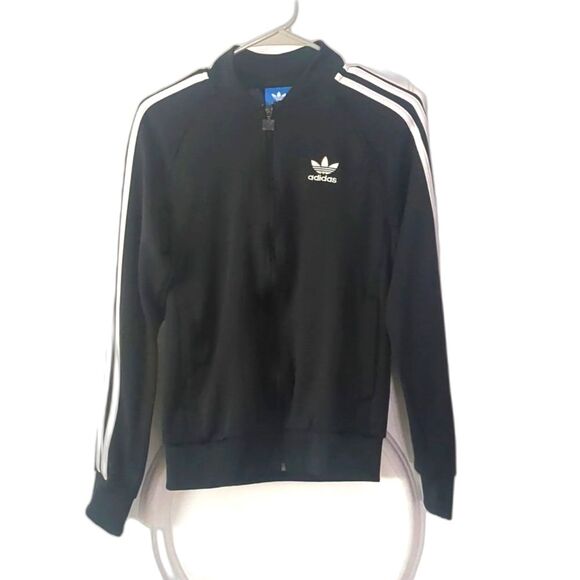Adidas Black 3 Stripe Track Jacket Small Full Zip Front 2 Pockets Light Unisex - Picture 1 of 11